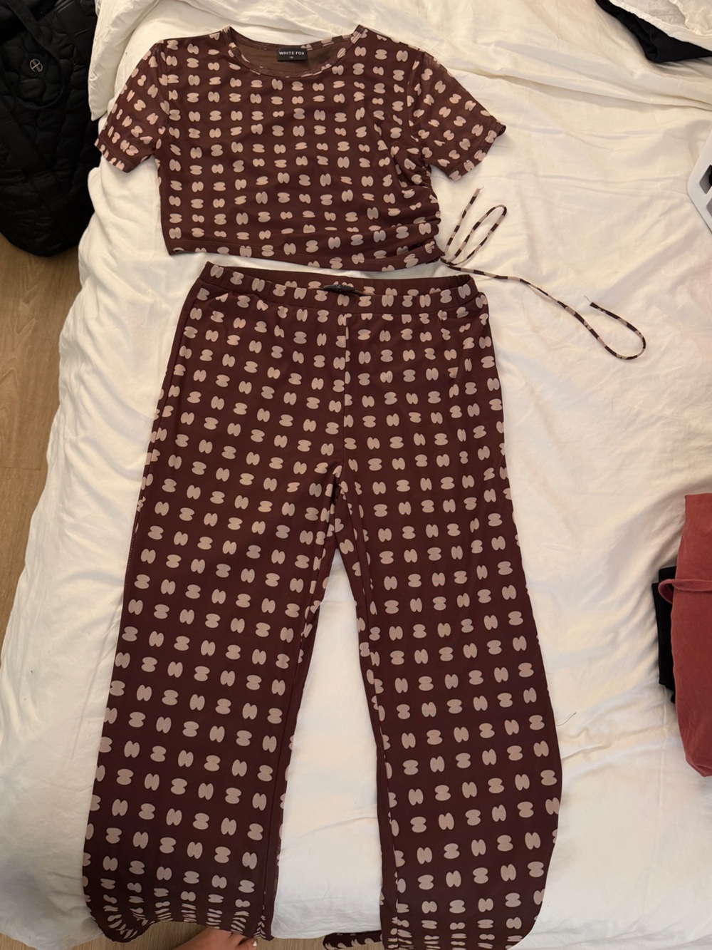 White Fox Boutique Maroon Two-Piece Jumpsuit Set with Beige Print